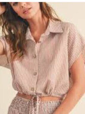 Miou Muse Pink/White Stripe Short Sleeve Crop Top-Size Large